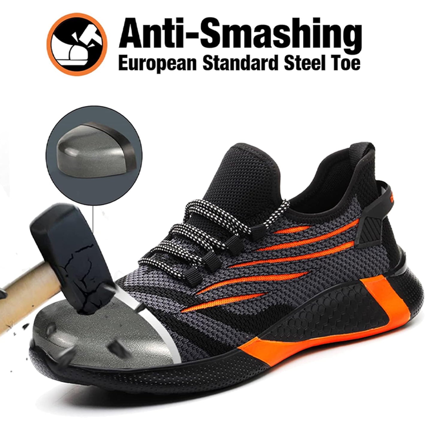 MANLEGU Breathable Safety Shoes for Men Lightweight Steel Toe Work Shoes Construction Industrial And Outdoor Sneakers Size 9.5 Womem/8 Men