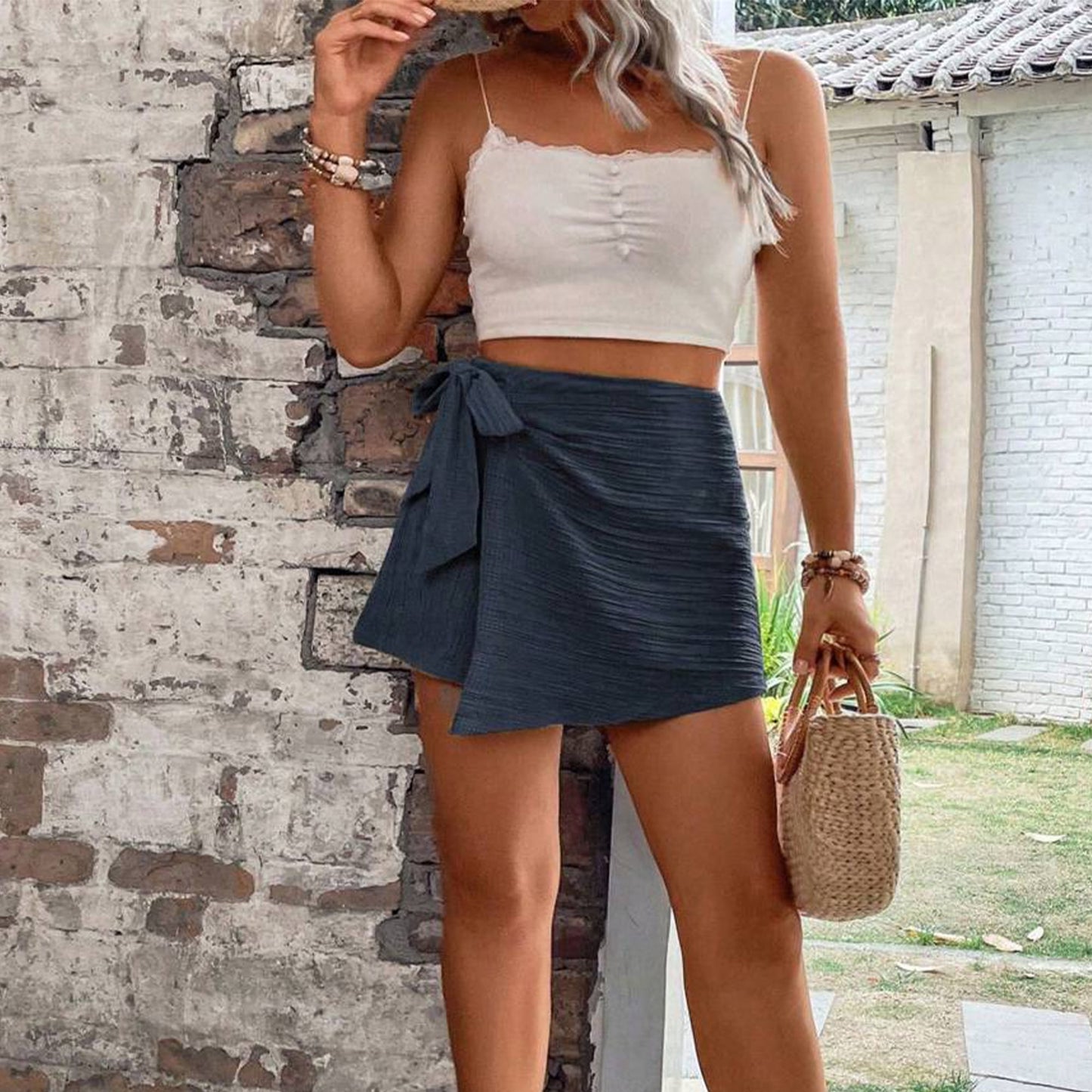 SOMER Womens 2025 Trendy Wrap Mini Skirts Elastic High Waist Ruffle Tie Knot Side Solid Skorts for Casual and Holiday