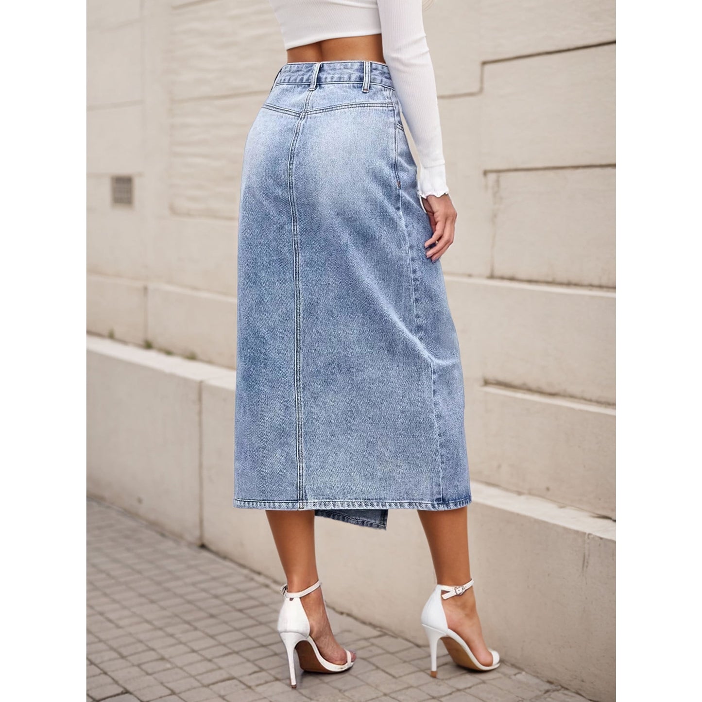 Women's Denim Skirt Long Jean Dress High-Waist Front Split Frayed Raw Hem A-Line Skirt with Pockets Casual Light Blue