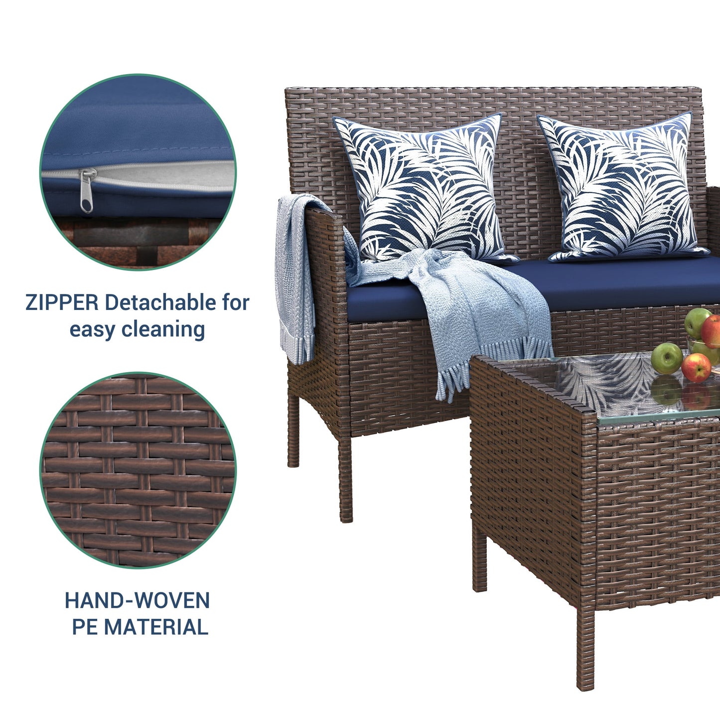 ELPOSUN Patio Furniture 4 Pieces Outdoor Wicker Rattan Chair Balcony Conversation Sets Porch Furniture Sectional Loveseat w Cushions and Table for Backyard Pool Garden (Brown-Blue)
