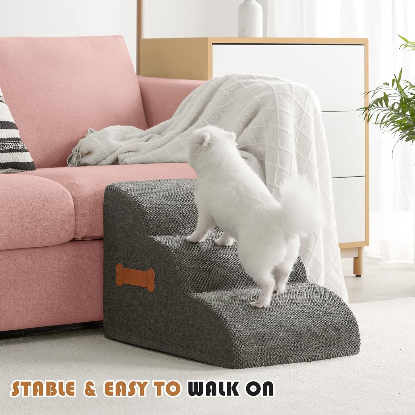 OEIKPFN 3 Tiers Dog Ramp and Stairs for Beds Or Couches - Non-Slip Sturdy Pet Steps - for Small Dogs to get on High Bed
