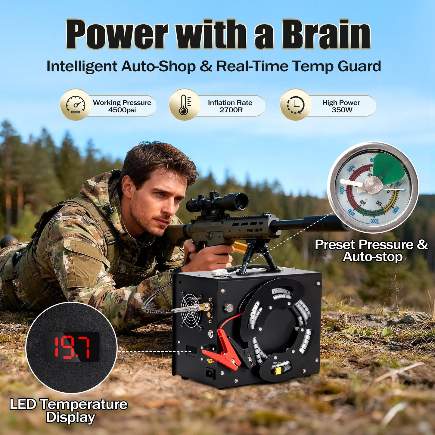 TUDIVING PCP Air Compressor, Built in Converter, 4500psi/300bar Pcp Compressor Auto stop