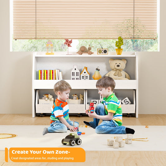 2-Tier Portable Toy Storage, Kids Toy Organizer W/2 Removable Bins with 4 Wheels(White)