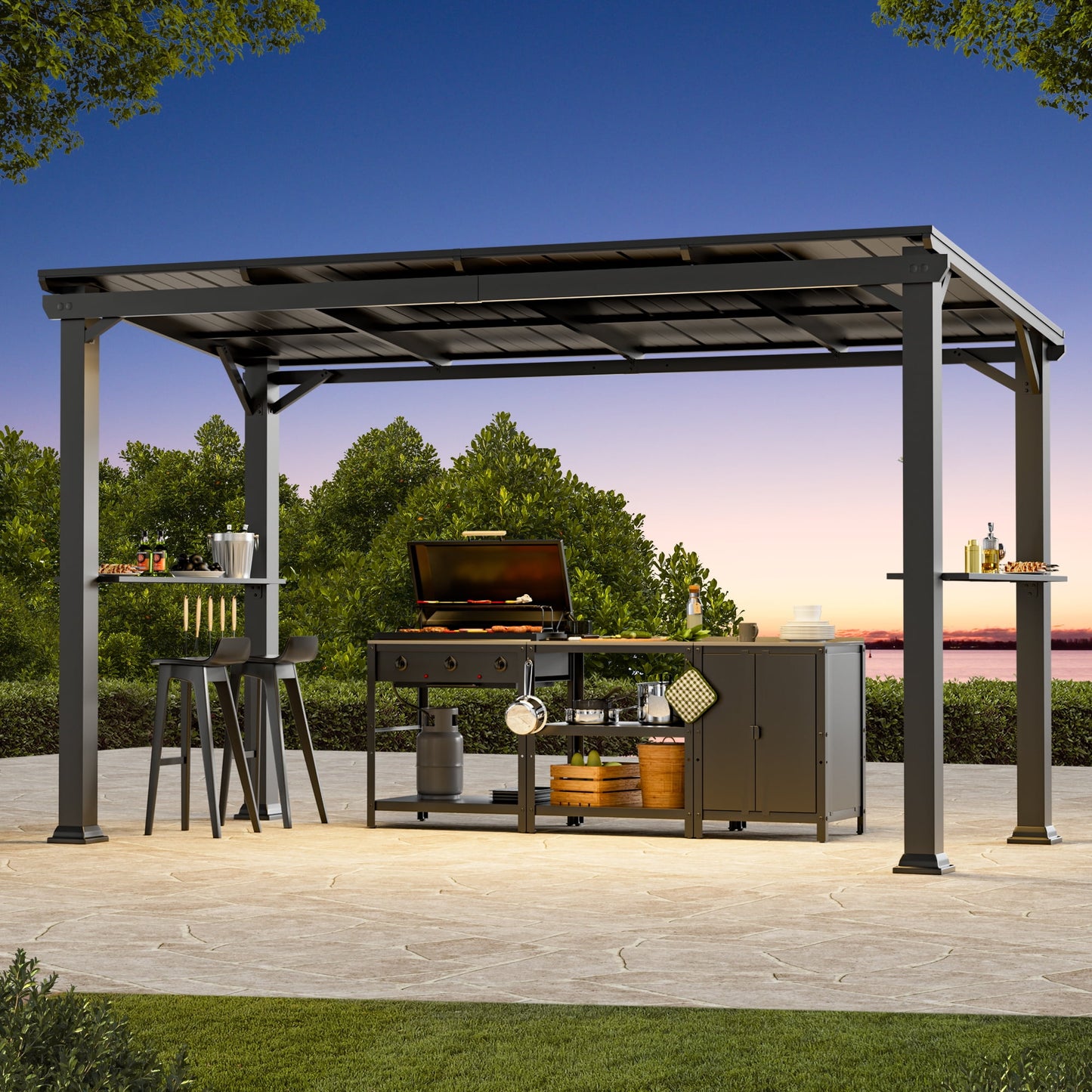 FONA Hardtop Grill Gazebo 6'x12'with Side Shelf, Outdoor Gazebo with Bottle Opener & Hooks, Grill Canopy with Sturdy Rustproof Design for Backyard, Garden, Patio,Black