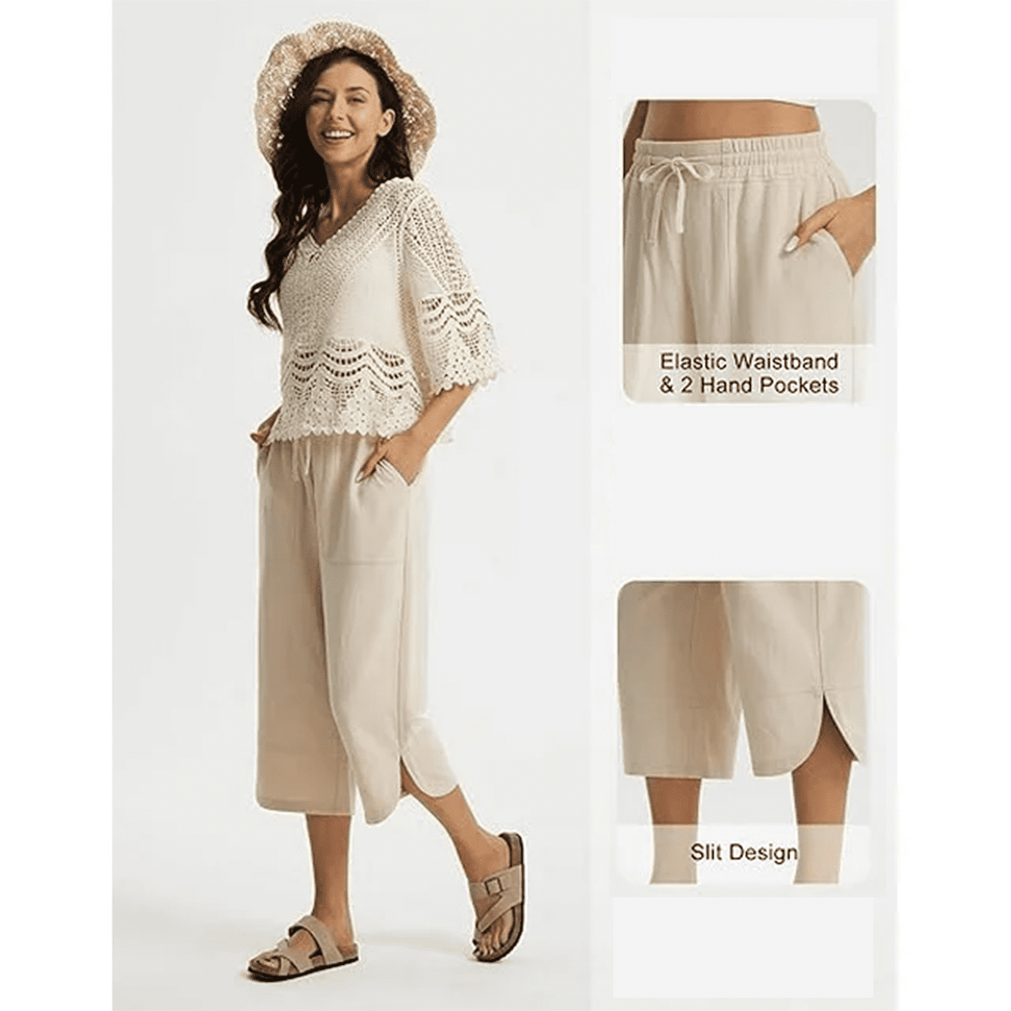 WQD Women's Capri Pants High Waisted Linen Wide Leg Trousers Summer Casual Palazzo Work Pants with Pockets