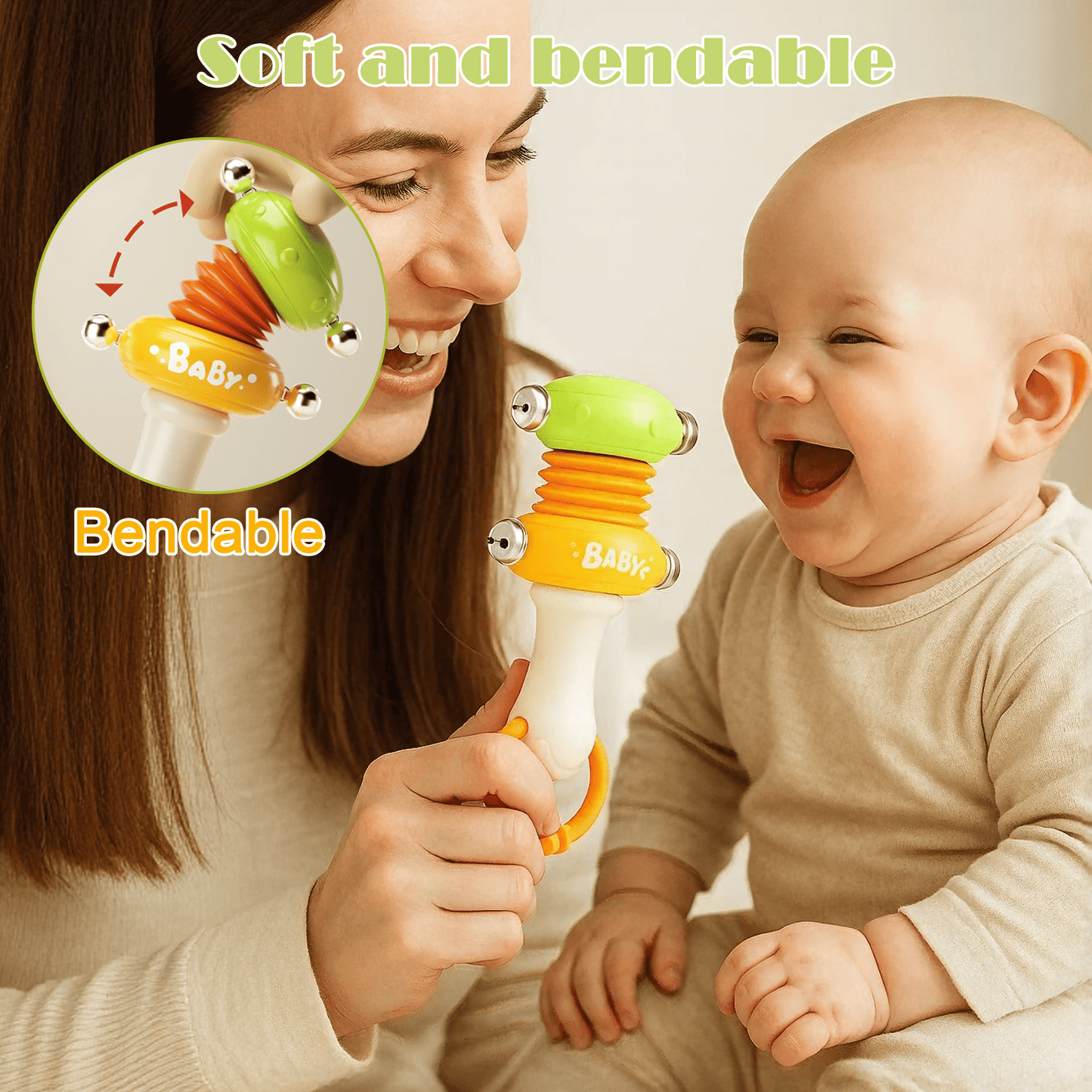 Baby Rattle Toy, Baby Handbell Toy for 6+ Months, Handheld Shaker with Gentle Sounds, Early Learning Sensory Play, Green & Yellow