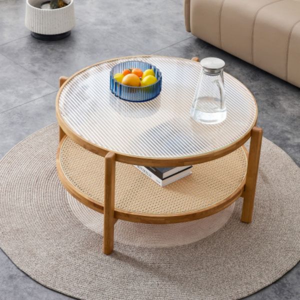 TiramisuBest Minimalist Circular Coffee Table, Solid Wood Frame, Glass Top & PE Rattan Lower Shelf, Walnut