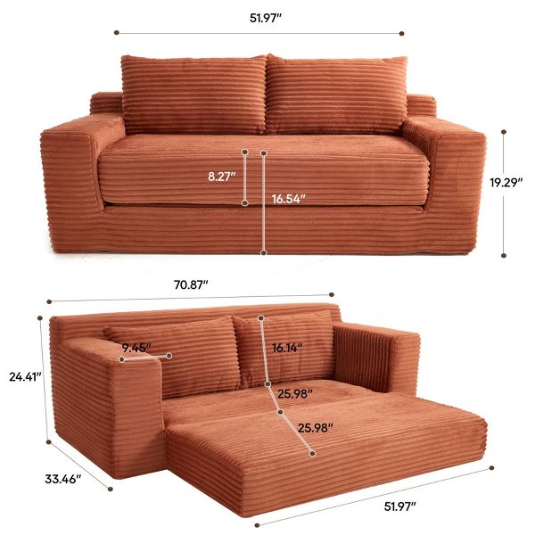 TiramisuBest Compact Corduroy Loveseat Sofa Bed, Memory Foam 2-in-1 Convertible Couch for Apartment & Bedroom,Orange