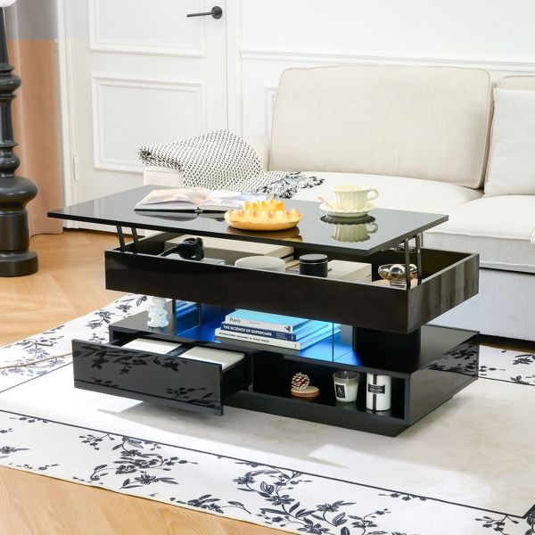 TiramisuBest 39.3" Modern Coffee Table, Lift Top with Hidden Storage, 2 Drawers & LED Lighting,Black