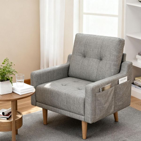 Mid Century Modern Accent Chair Upholstered Armchair Comfy Reading Chair Wood Legs Fabric Single Sofa Living Room
