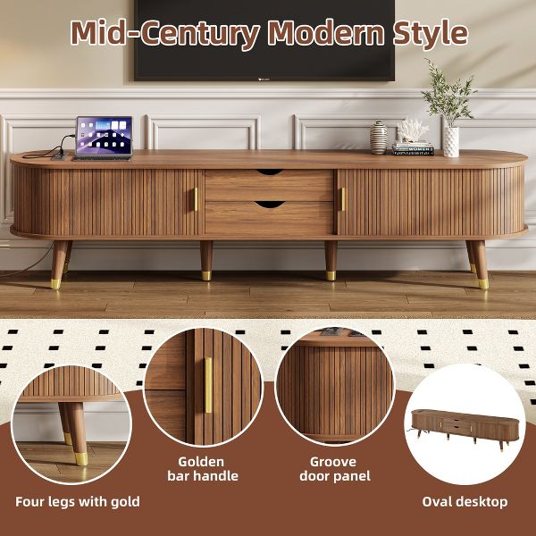 TiramisuBest Wooden Mid-Century TV Stand, Oval Fluted Farmhouse Media Console with Golden Handle,Walnut