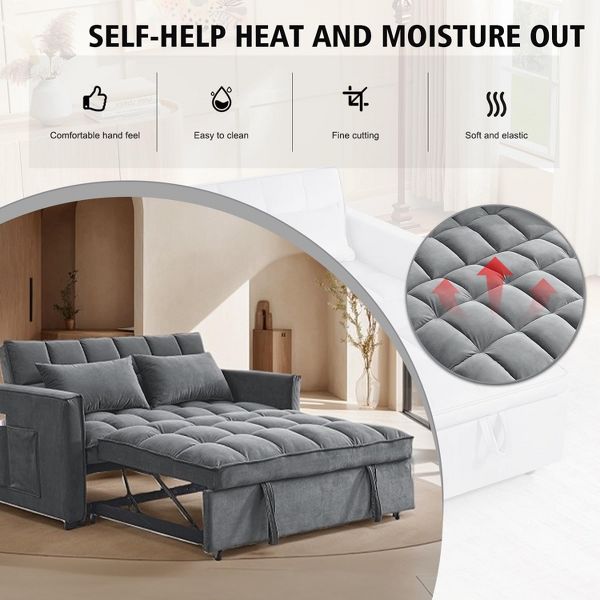 TiramisuBest 3 in 1 Velvet Sleeper Sofa Bed Adjustable Backrest Pull Out Couch with Armrests Storage Pockets and 2 Pillows for Living Room