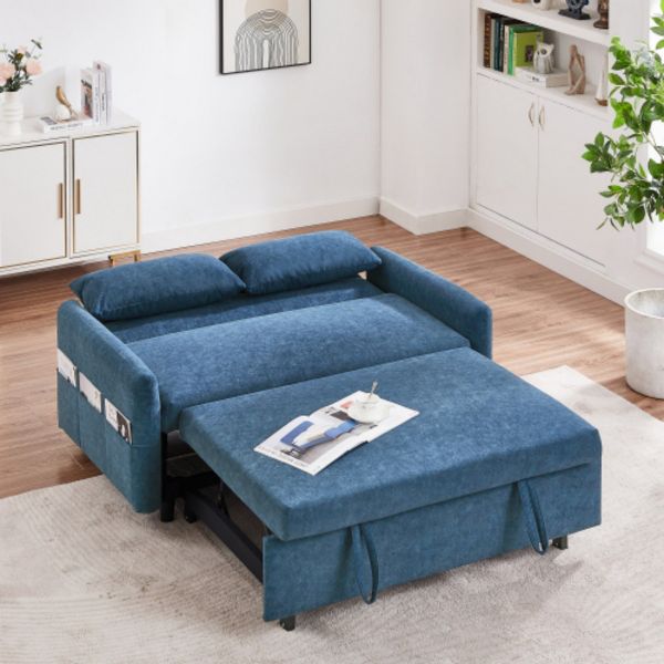 TiramisuBest 55.1" Blue Sleeper Loveseat Sofa Bed, Pull Out Couch with Adjustable Back, USB Charging & 2 Soft Pillows
