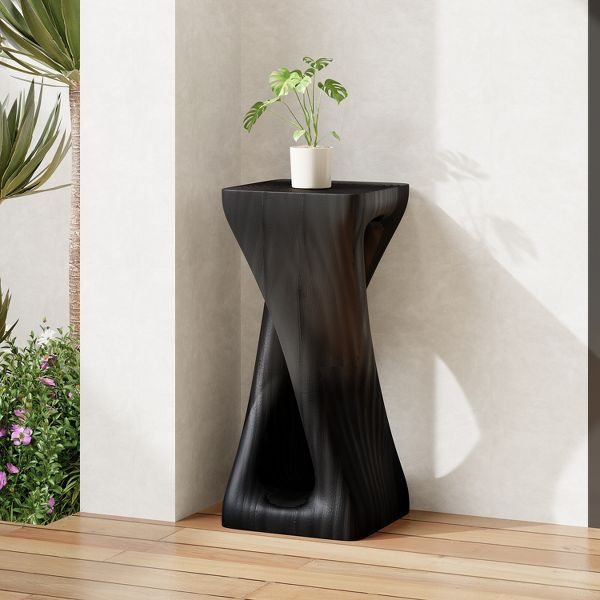 TiramisuBest Twist Shape Garden Side Table, Outdoor Concrete Accent Table with Wood-Look Finish,Black