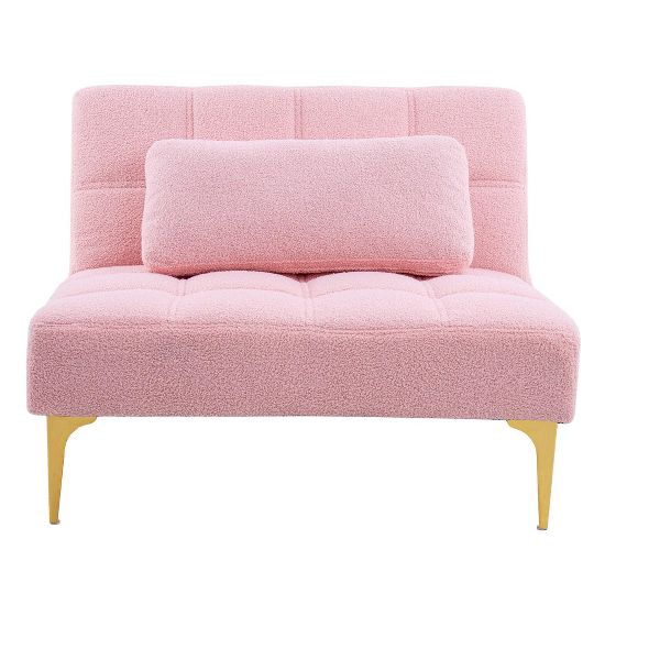 TiramisuBest Cozy Pink Fabric Convertible Sofa Bed Futon, Single Couch with Gold Legs for Living Room
