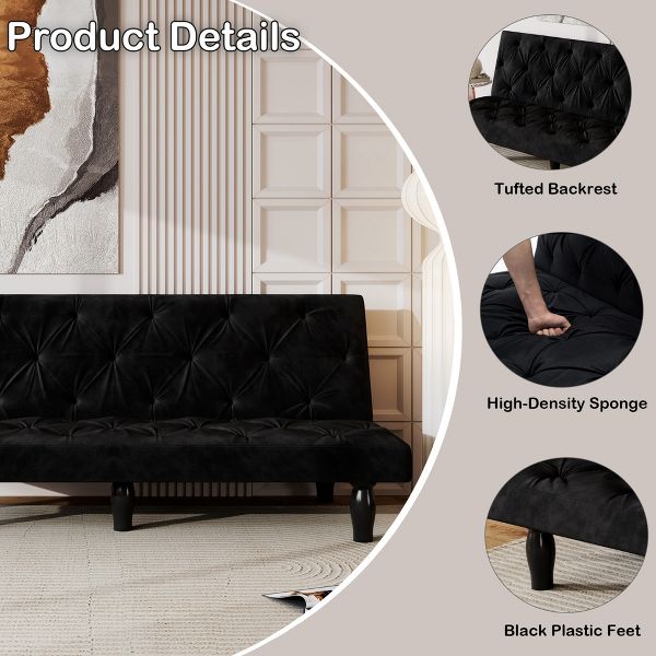 TiramisuBest Modern 66" Black Velvet Sofa Bed, Space-Saving Convertible Couch for Bedroom & Living Room