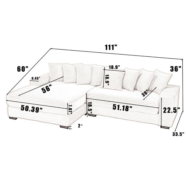 TiramisuBest Gray L-Shaped Two-Piece Sofa, Corduroy Corner Couch with Left Chaise, Armrests & 8 Cushions
