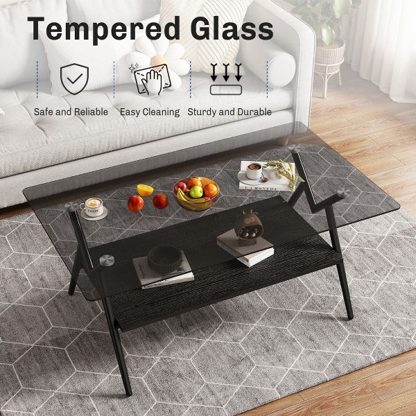 TiramisuBest Modern Rectangle Coffee Table, Tempered Glass with Gold Metal Legs, Transparent Top for Living Room