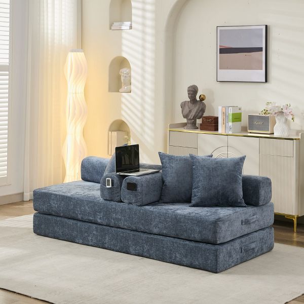 TiramisuBest Blue Chenille Comfy Convertible Floor Sofa Bed, Folding Lounge Couch for Studio & Small Spaces