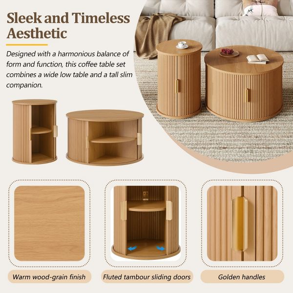 TiramisuBest 2-Piece Mid-Century Coffee Table Set, Round Fluted End Table & Sliding Tambour Side Table with Golden Handle,Natural