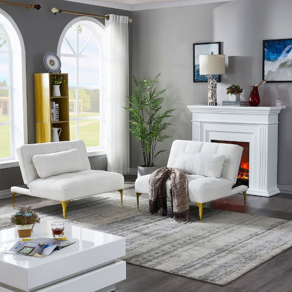 TiramisuBest Modern White Fabric Convertible Futon Sofa Bed with Gold Metal Legs for Small Spaces