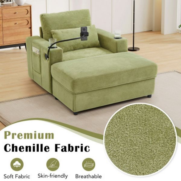 TiramisuBest 42.5" Chaise Lounge Armchair with Ottoman, Dual USB Ports, Cup Holders & Phone Holder, Green
