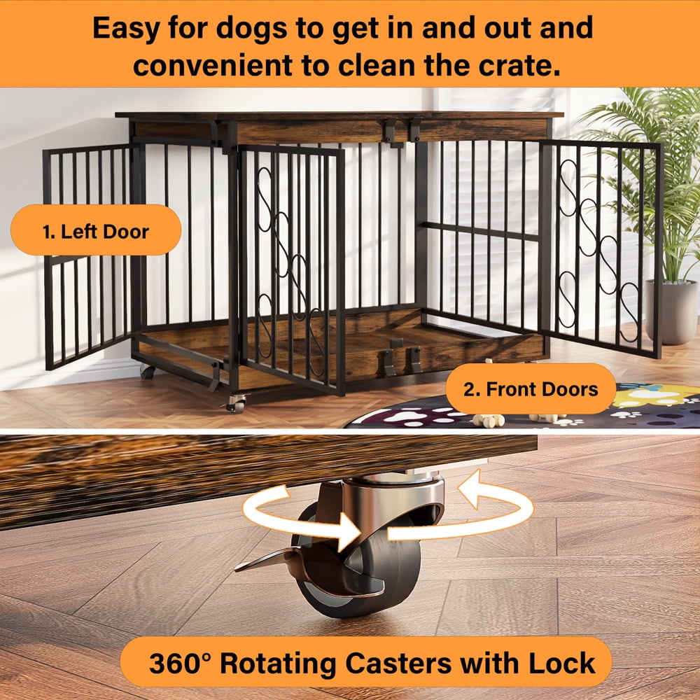 48 inch Dog Cage Furniture for Extra Large Dog, Double-Doors Heavy Duty Dog Crate with 360° Caster Wheels, Dog Kennel Indoor Decorative Pet House Dog Cage Table, Brown