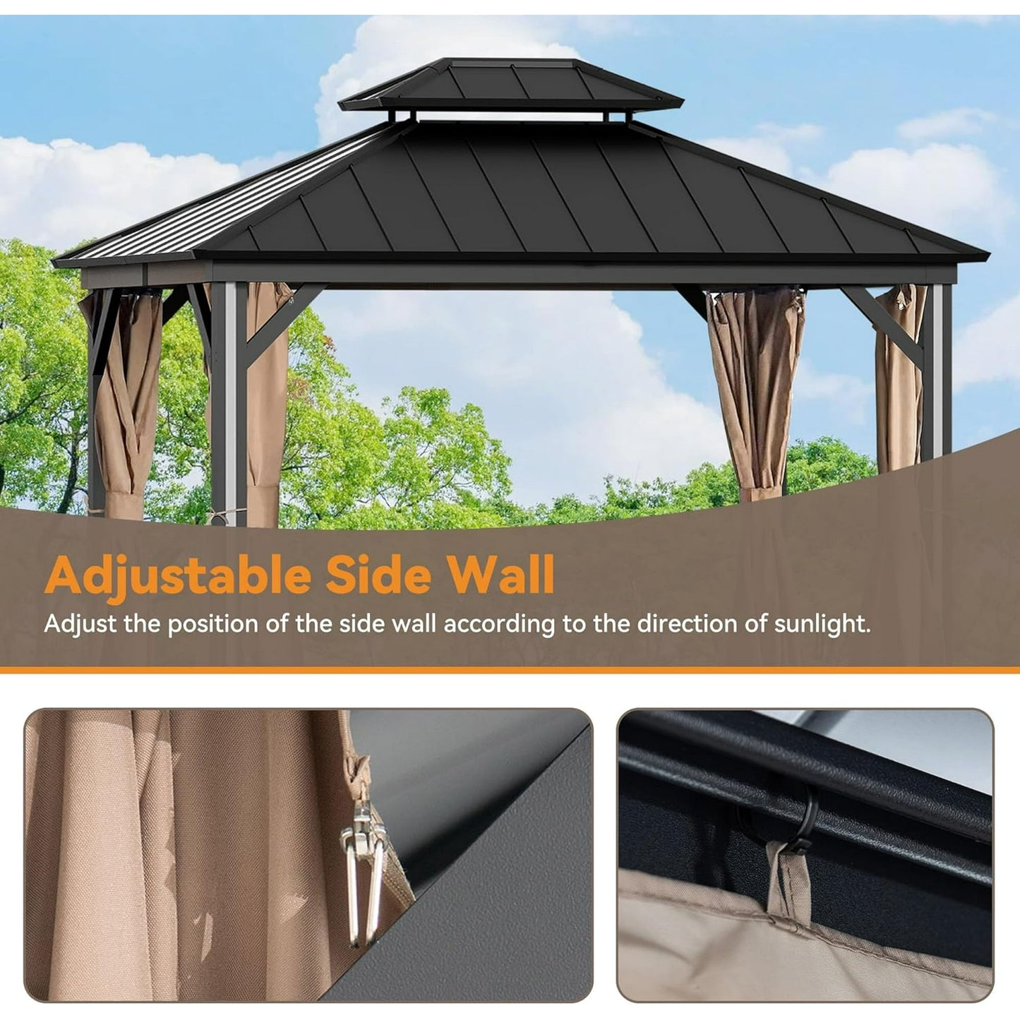 FONA Gazebo Curtain Replacement Universal 4-Panel Sidewalls 10' x 12', Outdoor Gazebo Privacy Curtains with Zipper, Replacement for Outdoor, Patio Canopy, Garden and Backyard