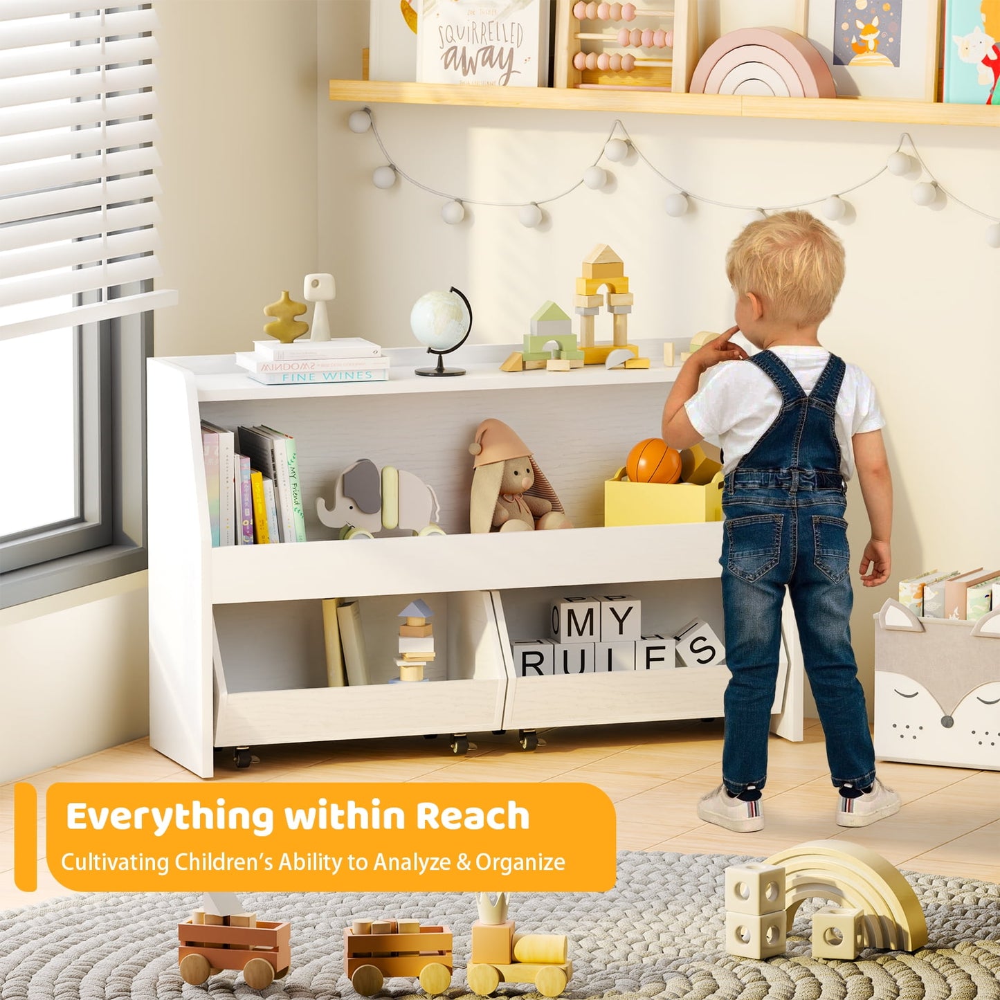 2-Tier Portable Toy Storage, Kids Toy Organizer W/2 Removable Bins with 4 Wheels(White)