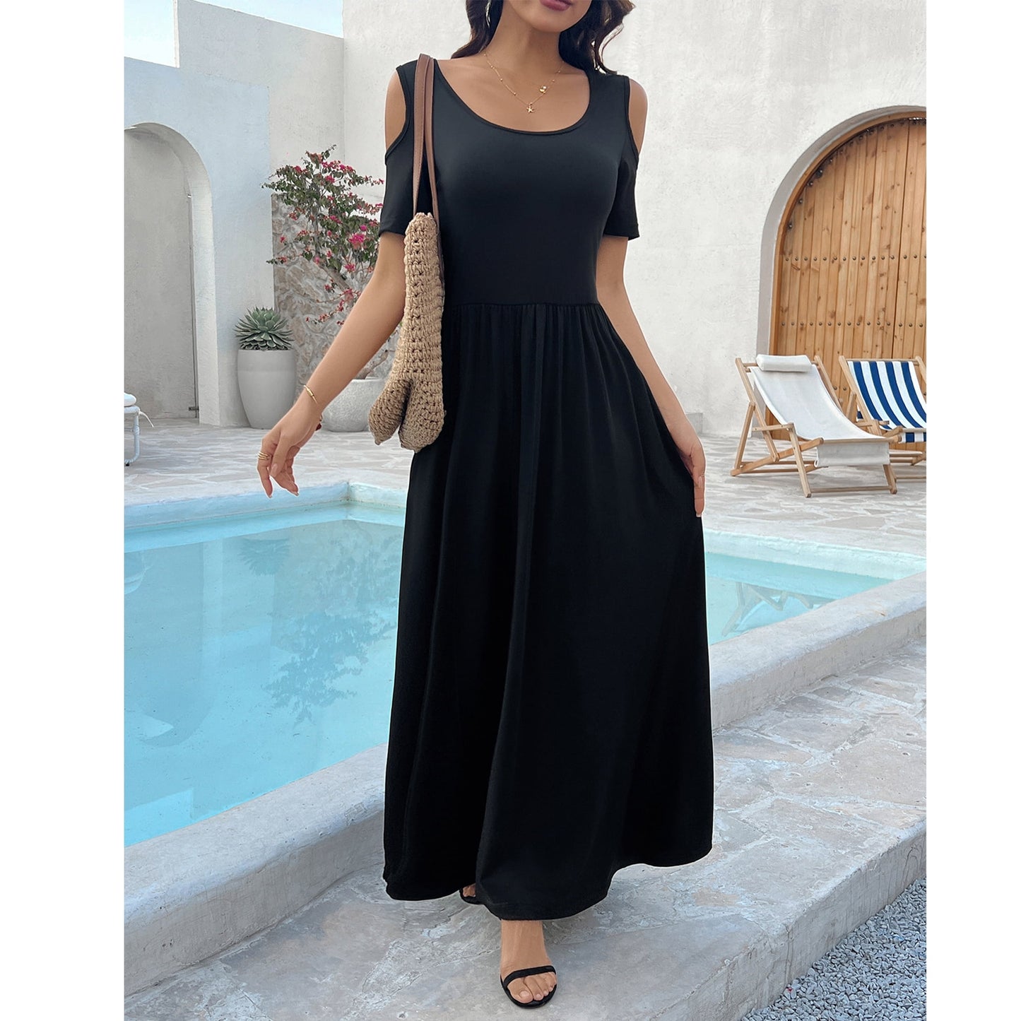 MLDRA Dresses for Women Long Maxi Skirt Sundress Spring Summer Beach Cold Shoulder with Pockets 2025 Black