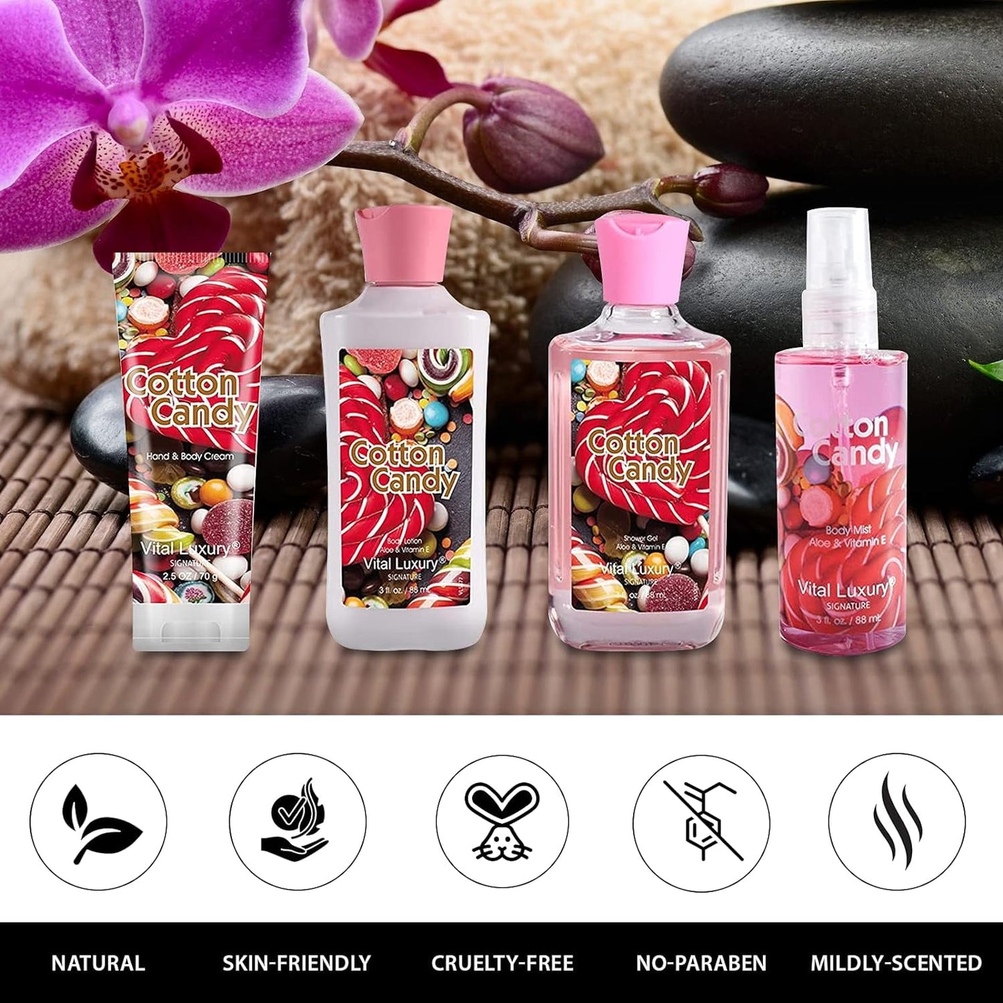 Vital Luxury Bath & Body Kit,Cotton Candy Scent for Unisex,Skincare Gift Home Spa Set,with Body Lotion,Mist,Gel and Hand Cream