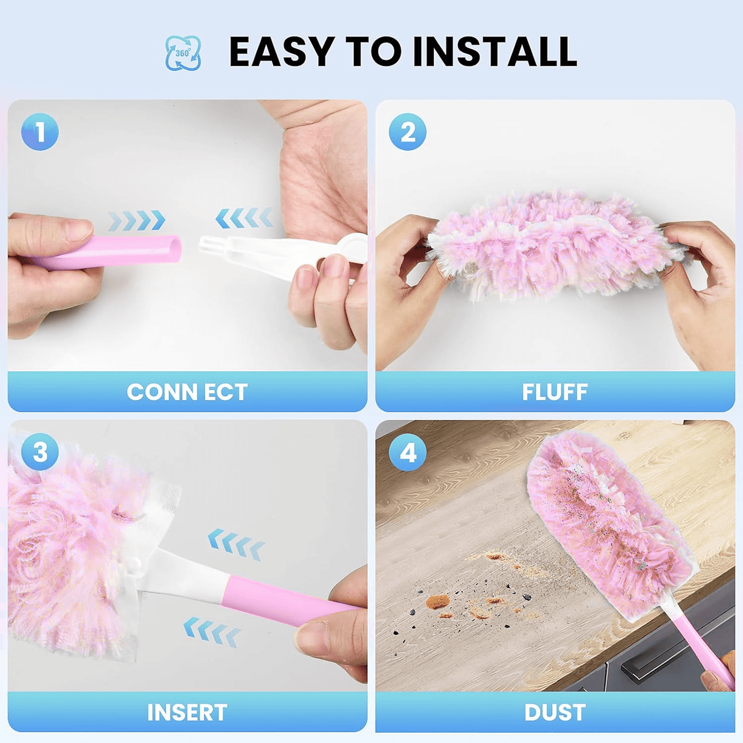 Heavy Duty Duster Refills for SwifferDuster, 30 pcs with Handle & Extendable Handle*1 , Multisurface 360° Dusters with 4X Microfibers(Pink)