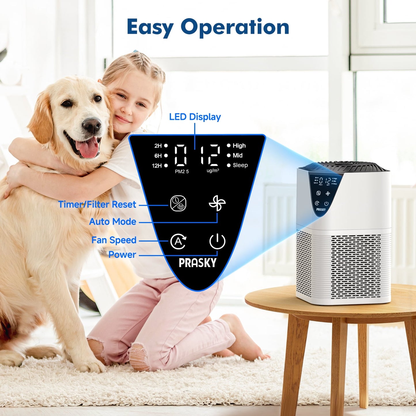 PRASKY Air Purifier for Home Large Room up to 1076 Sq ft, Remove Smoke Dust Allergies (White)