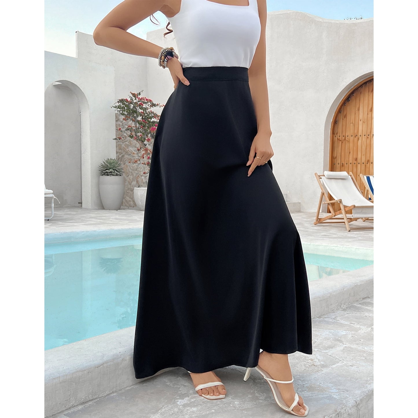 SOMER Dresses for Women Maxi Midi Skirts Long Medium Fancy Flowy Beach Dress Casual High Waist with Pockets for 2025 Trendy Spring Summer Black
