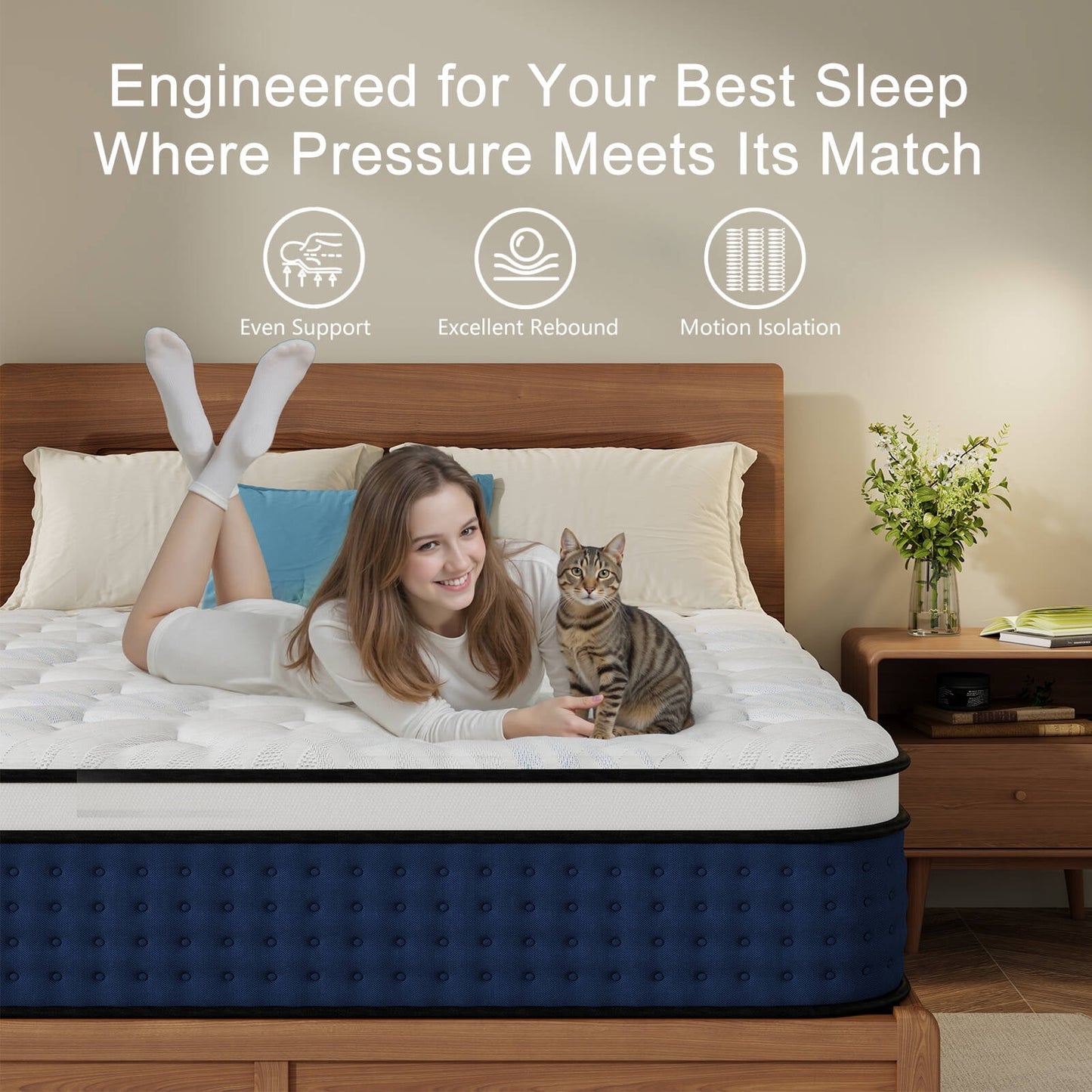 GREOO Full Size 12 inch Hybrid Firm Gel Memory Foam Mattress with Reinforced Edge, Pocketed Springs, Pressure Relief, Mattress in a Box, Blue and White