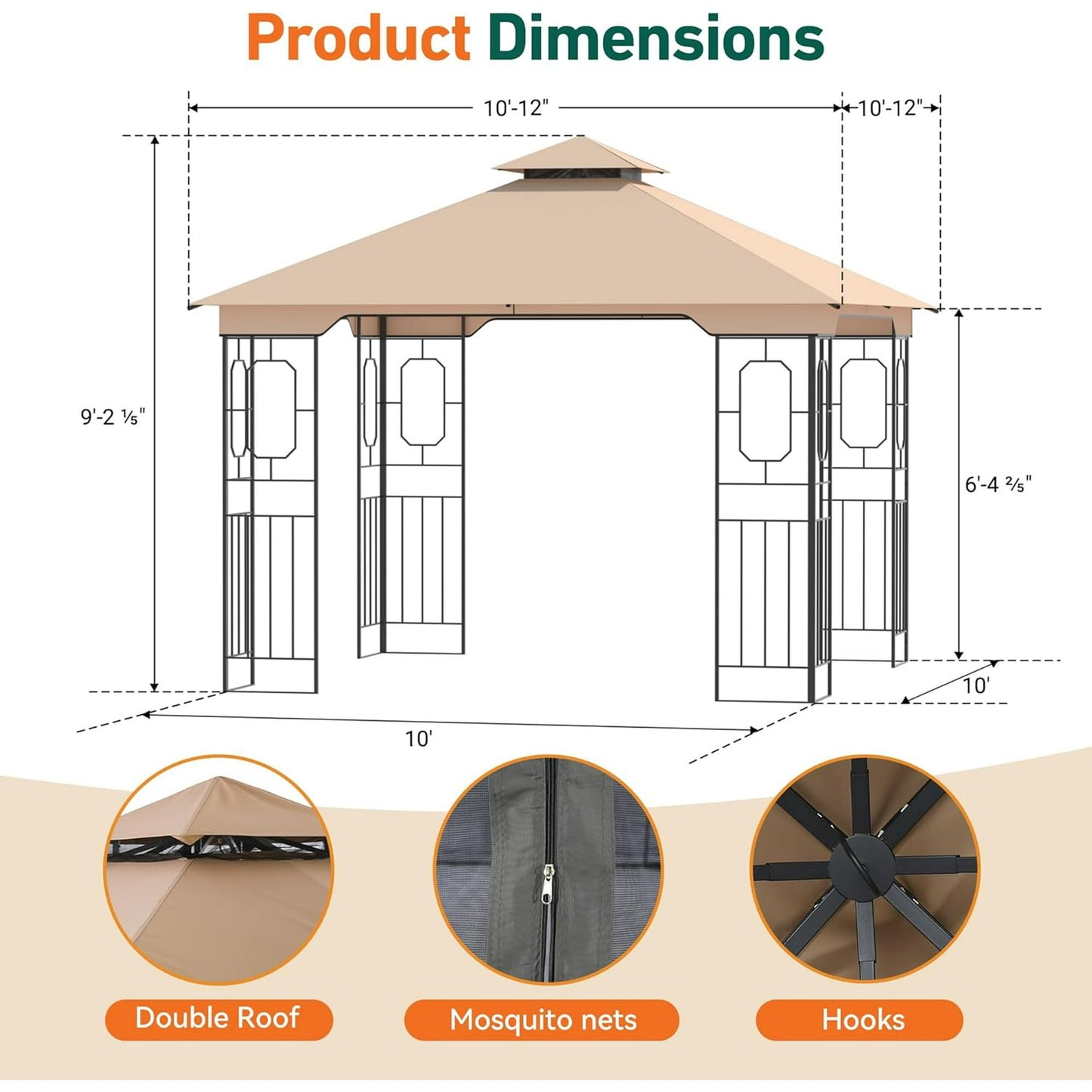 FONA 11'x11' Patio Gazebo with Netting&Double Roof,Ceiling Hooks,Pop-Up Canopy Tent for Lawn&Patio
