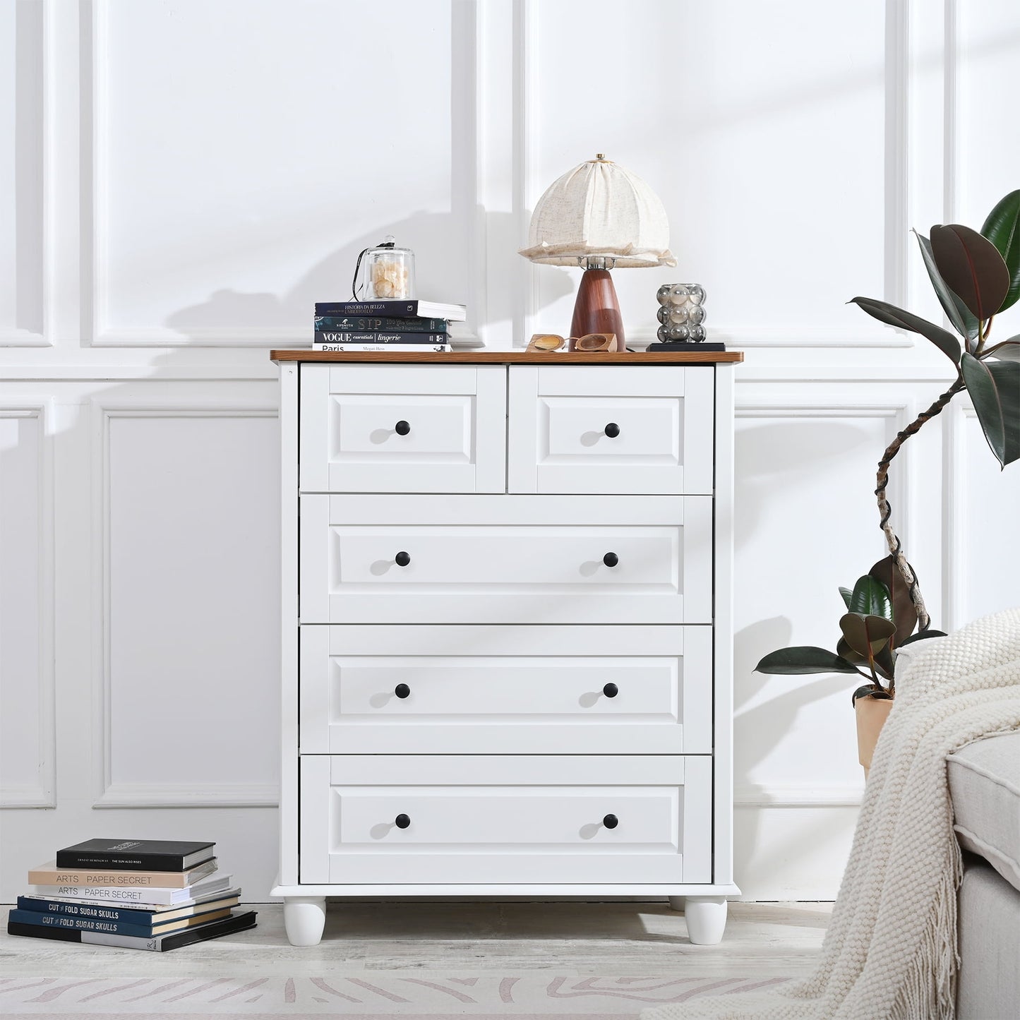 Dranite 5-Drawer Dresser, Fabric Storage Tower for Bedroom, Hallway, Closet, Tall Chest Organizer Unit for Bedroom , Wood Top, Easy Pull Handle, White