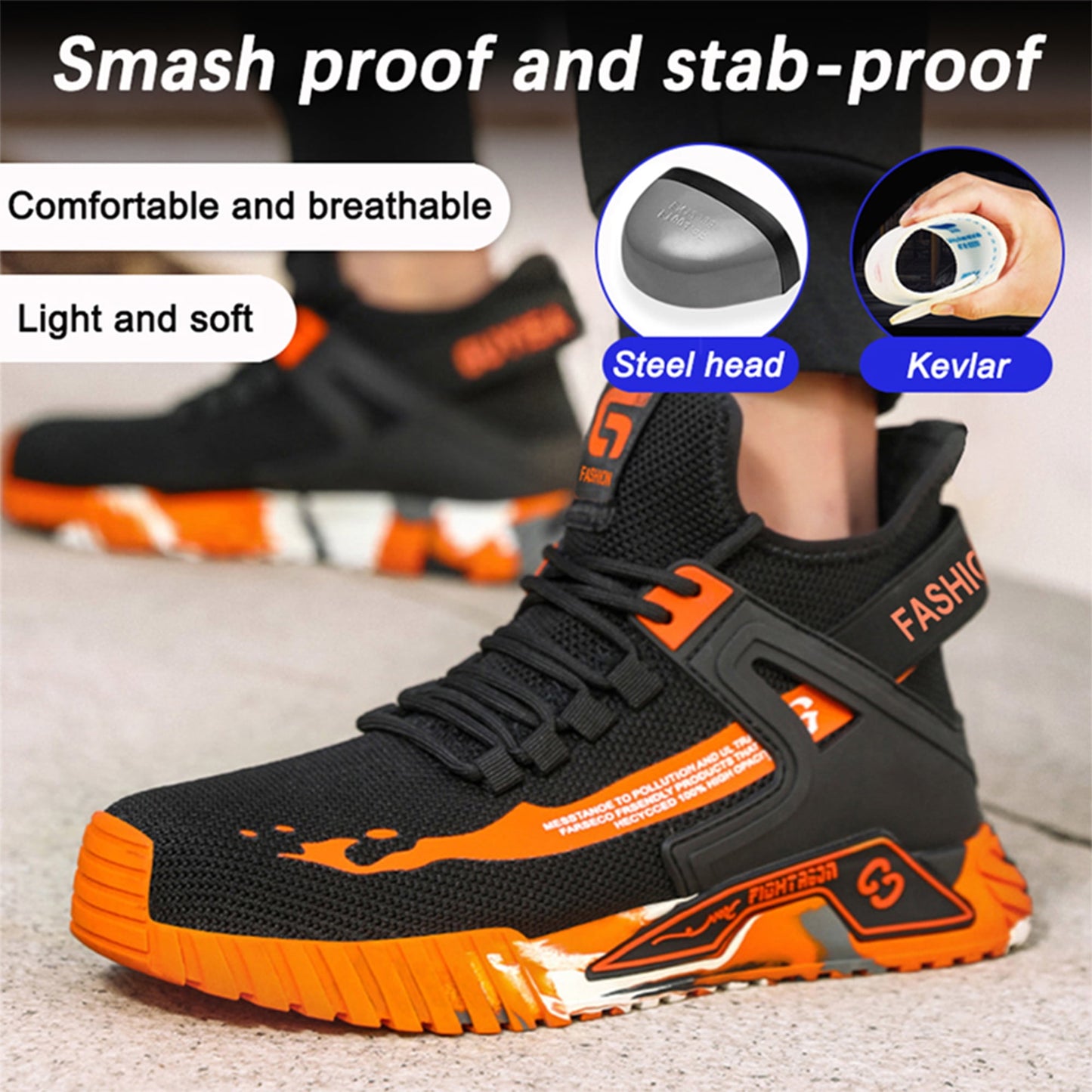XQJ Outdoor Security Boots Steel Toe Boots For Men Work Safety Shoes Indestructible Slip-Resistant Shoes Stylish Cool Safety Boots Orange