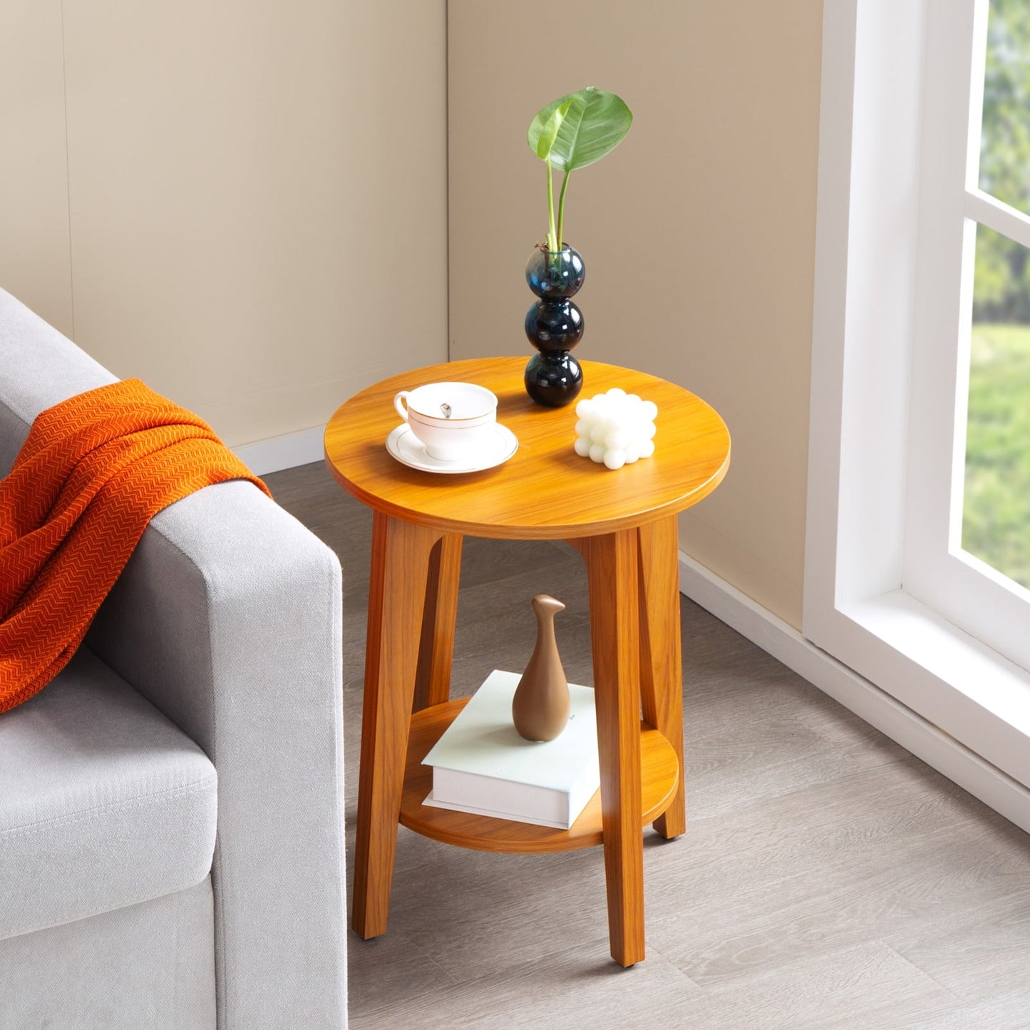 Dranite 15.7" Round Side Table with 2-Tier Storage,Modern Nightstand for Living Room,Bedroom,Home Office,Walnut Finish