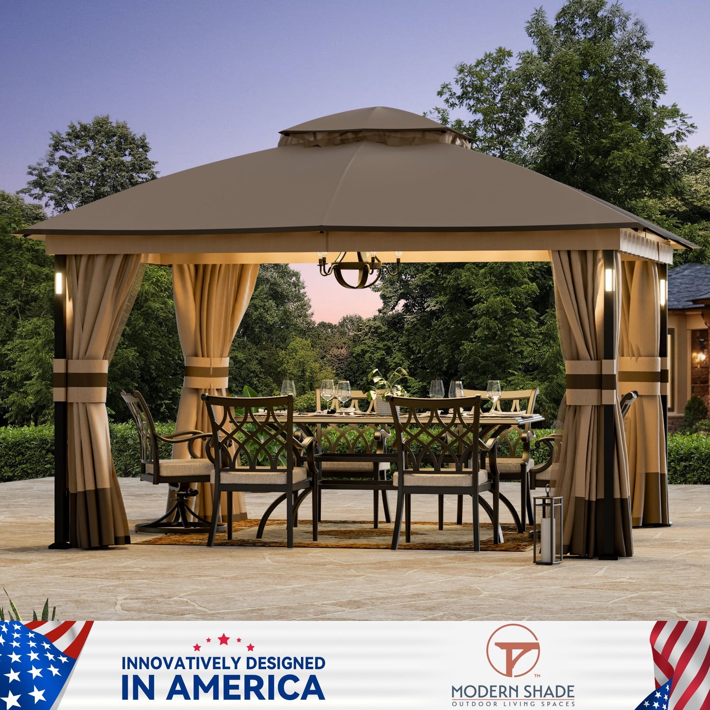 Covered Outdoor 11x13 Patio Gazebo Canopy Tent,Pop Up Gazebo with LED Lighting,Soft-Top Dual Roof Design