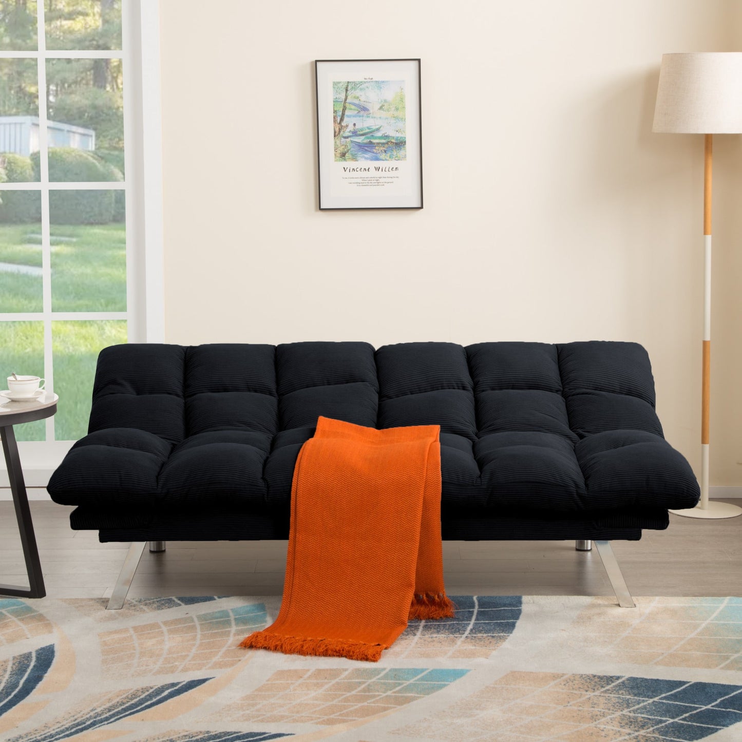 Dranite 67.3" Futon Sofa Bed,Convertible Sleeper with Adjustable Backrest and Armrests,Corduroy Upholstery,Black