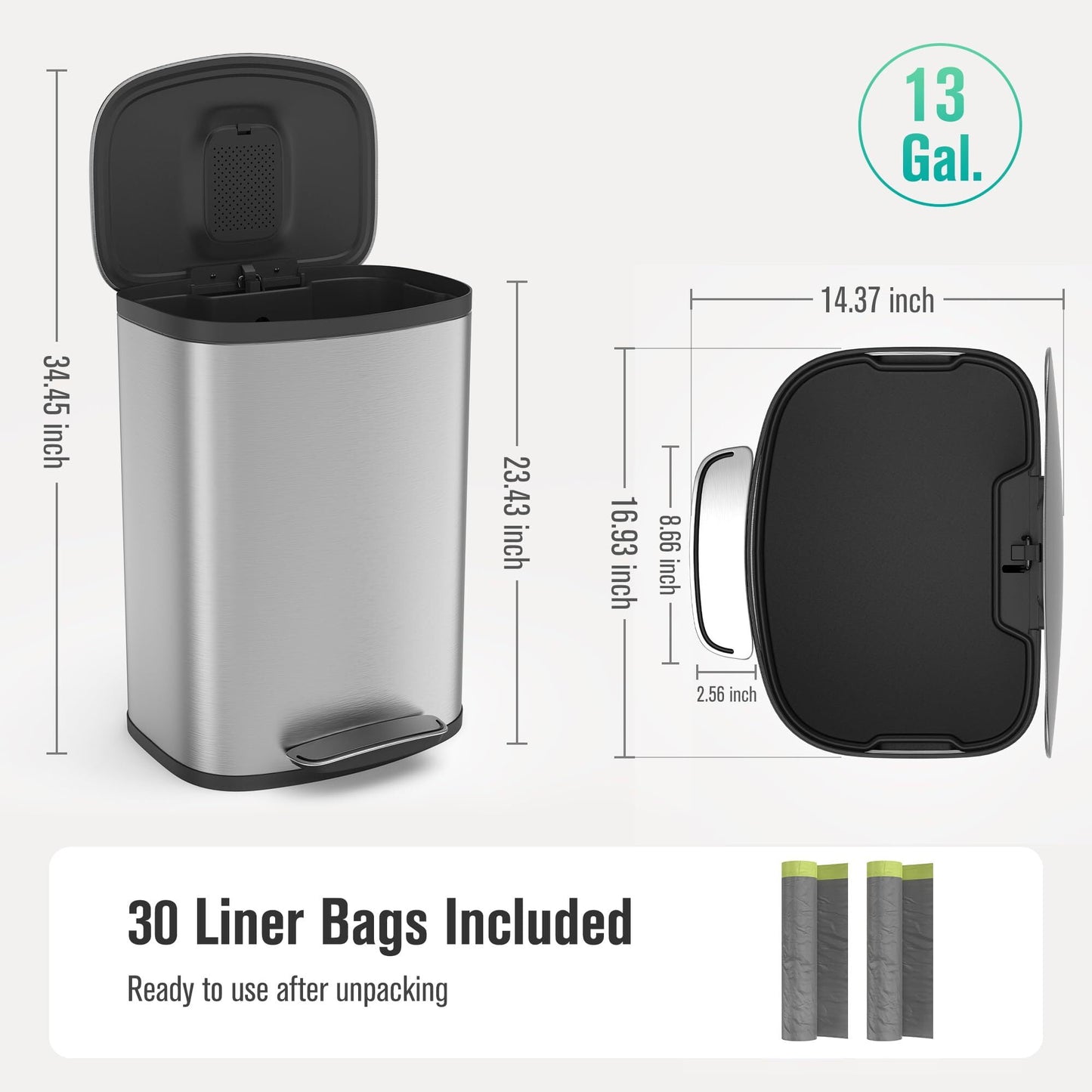 Stainless 50 Liter/13.2 Gallon Step Trash Can for Home and Kitchen, with Stainless Steel Body, 50 Liter/13.2 Gallon, for Home/Kitchen/Garage/Apartment/Office, 16.8"L x 15.2"W x 23.4"H (Silver)