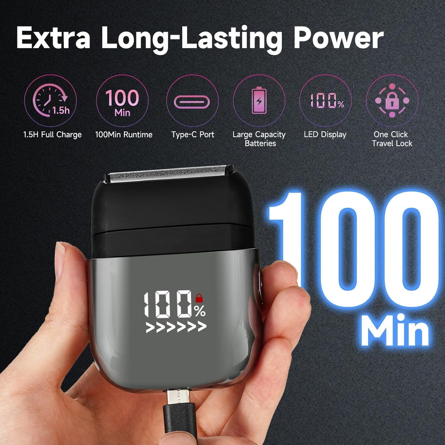 Mini Electric Razor for Men, Fast Rechargeable Foil Shaver for Beard/Face, IPX7 Waterproof for Travel & Home, Light Gray