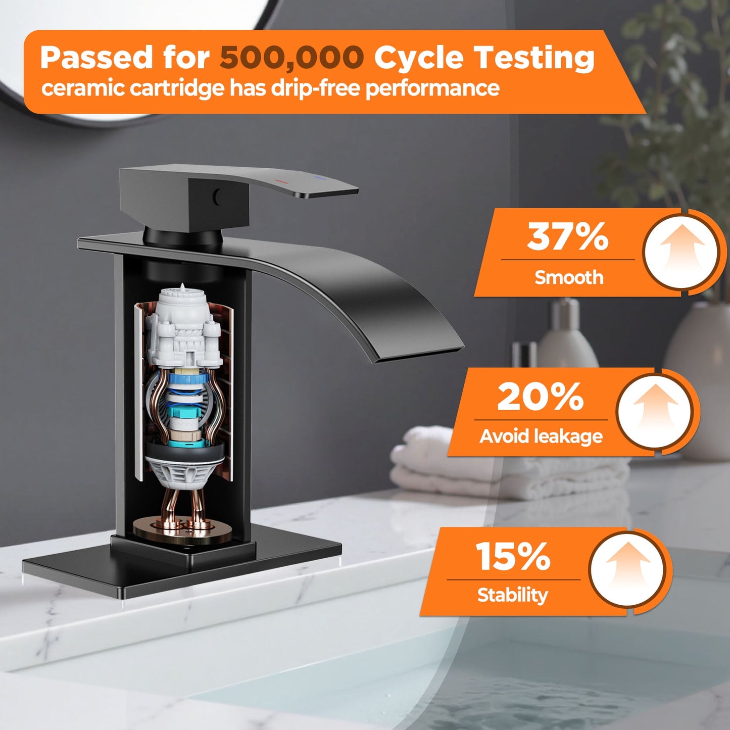 TVOFEK Black Waterfall Bathroom Faucet 1 or 3 Hole, Single Handle Bathroom Sink Faucet with Deck and Pop-up Drain for Lavatory Washbasin