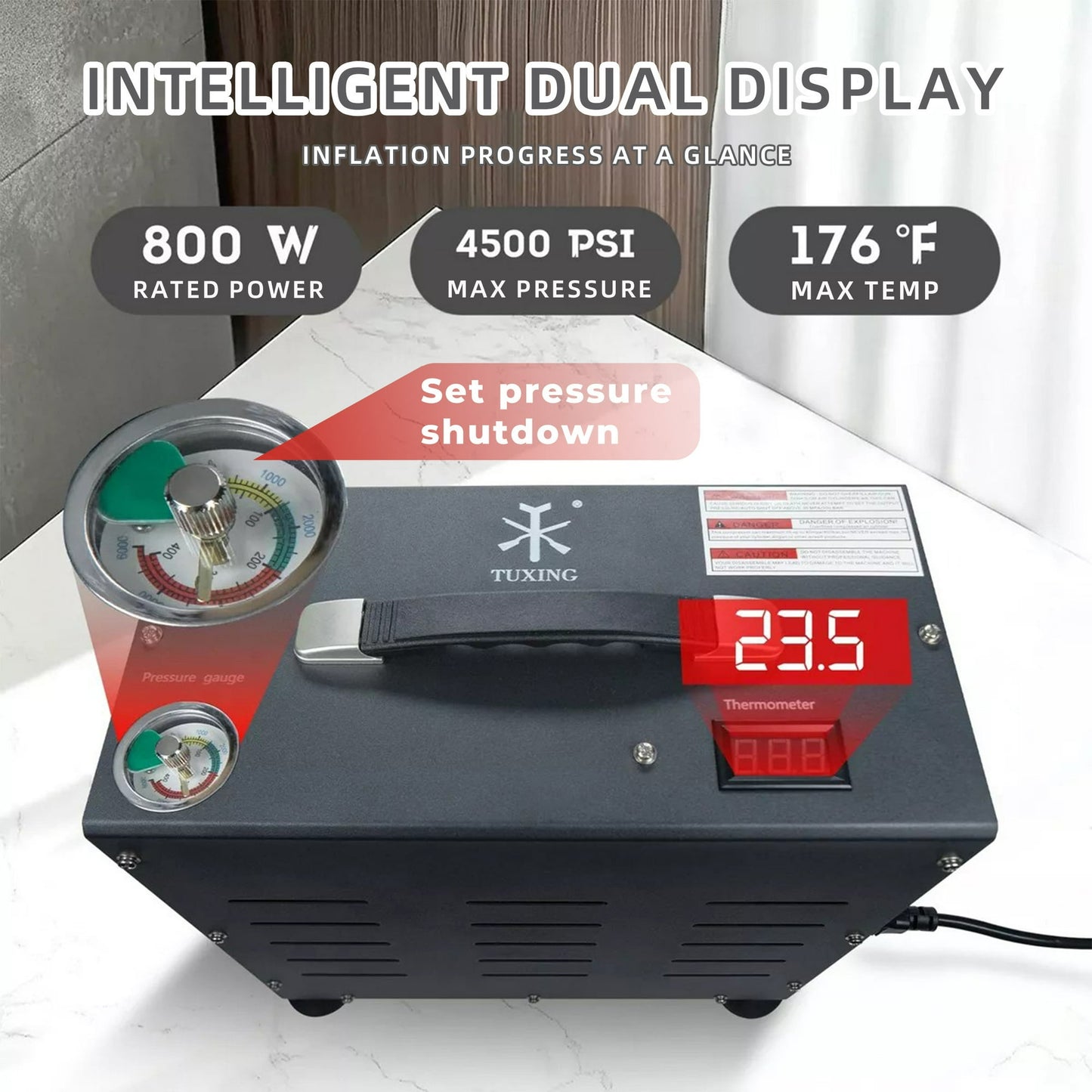 TUDIVING PCP Air Compressor, 4500psi/300bar Auto stop 800W Air Compressor, Oil/Water Free Portable