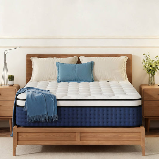 GREOO Full Size 12 inch Hybrid Firm Gel Memory Foam Mattress with Reinforced Edge, Pocketed Springs, Pressure Relief, Mattress in a Box, Blue and White