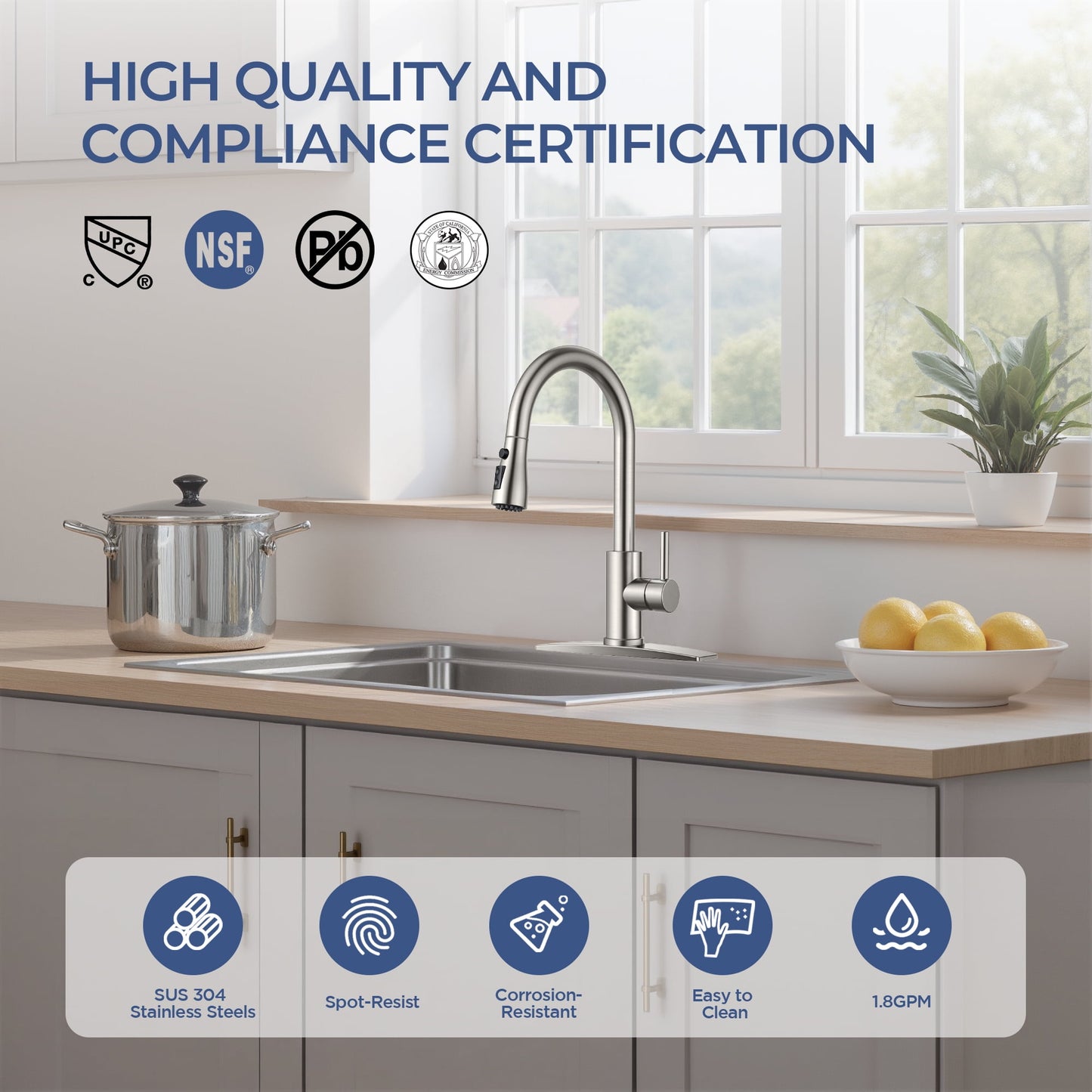 TVOFEK Kitchen Faucet with Pull Down Sprayer, Brushed Nickel Stainless Steel Kitchen Water Faucet with Deck Plate for 1 or 3 Hole, Single Handle Classic Faucets for RV Laundry Bar