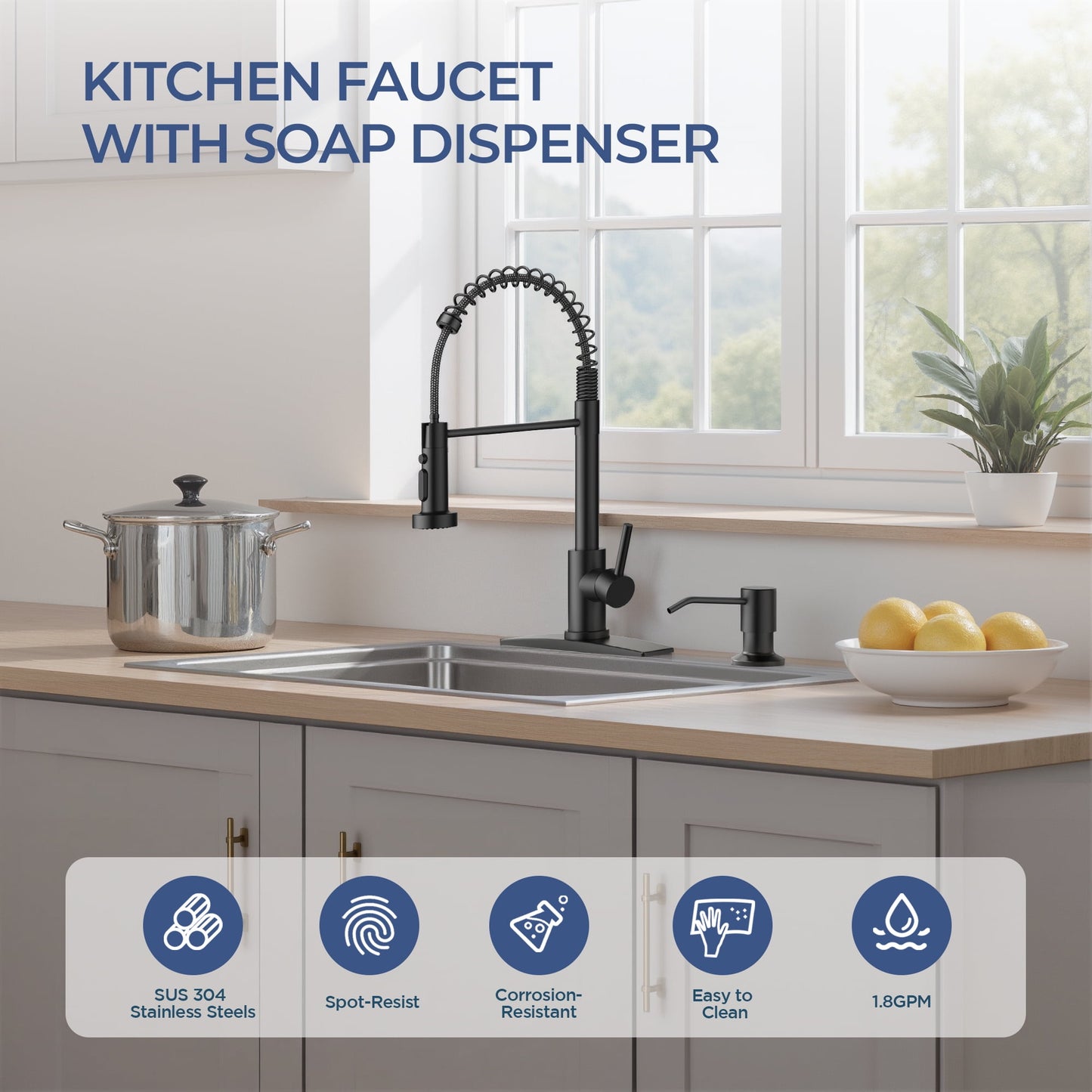 TVOFEK Kitchen Faucet with Sprayer and Soap Dispenser, Black Single Handle Kitchen Sink Faucets with Deck Plate for 1 or 3 Hole, Spring Faucet for RV Laundry Bar