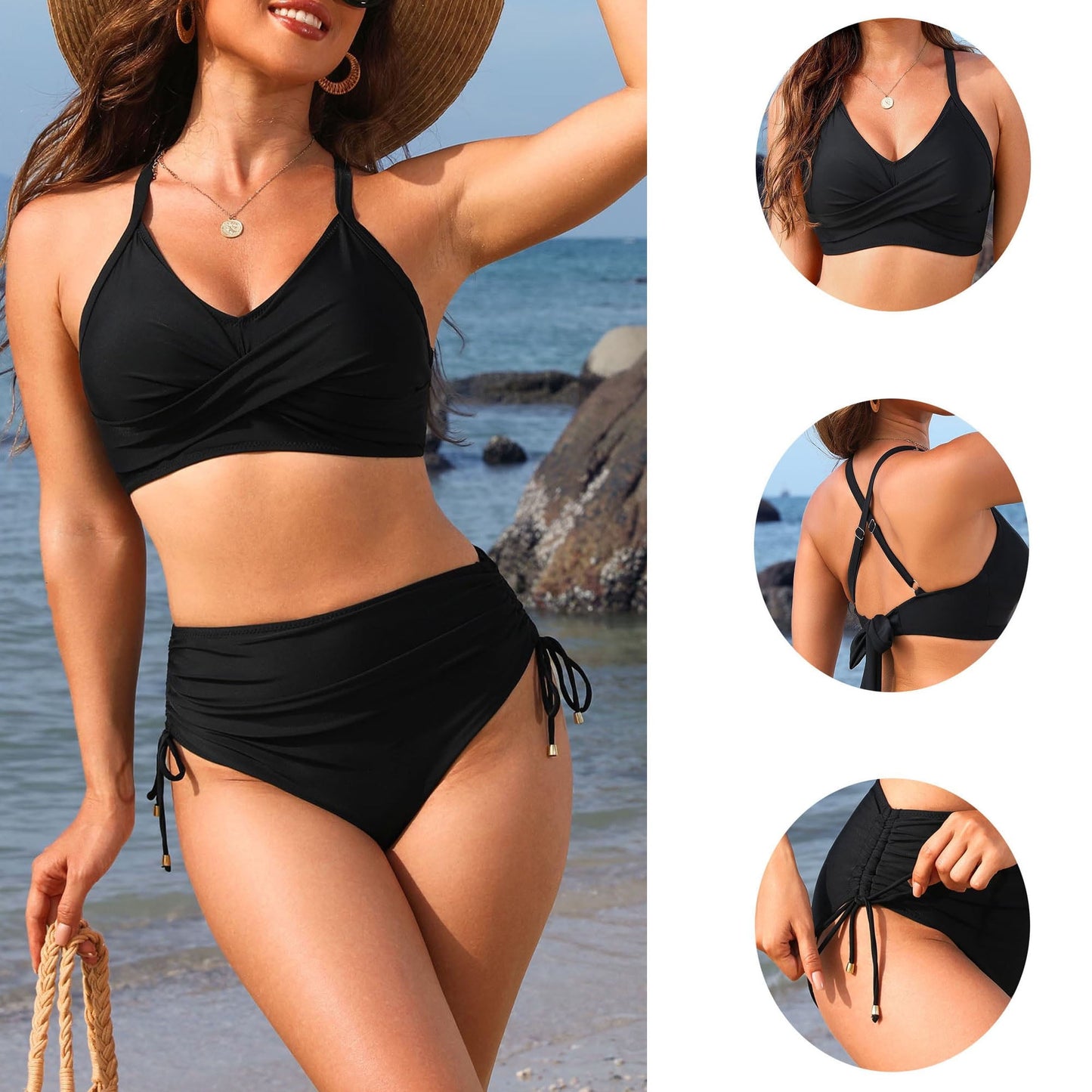 WQD Womens Bikini Set High Waisted 2 Piece Swimsuits Tummy Control Bathing Suits Crisscross Tie Back Push Up Bikinis Drawstring Swimwear
