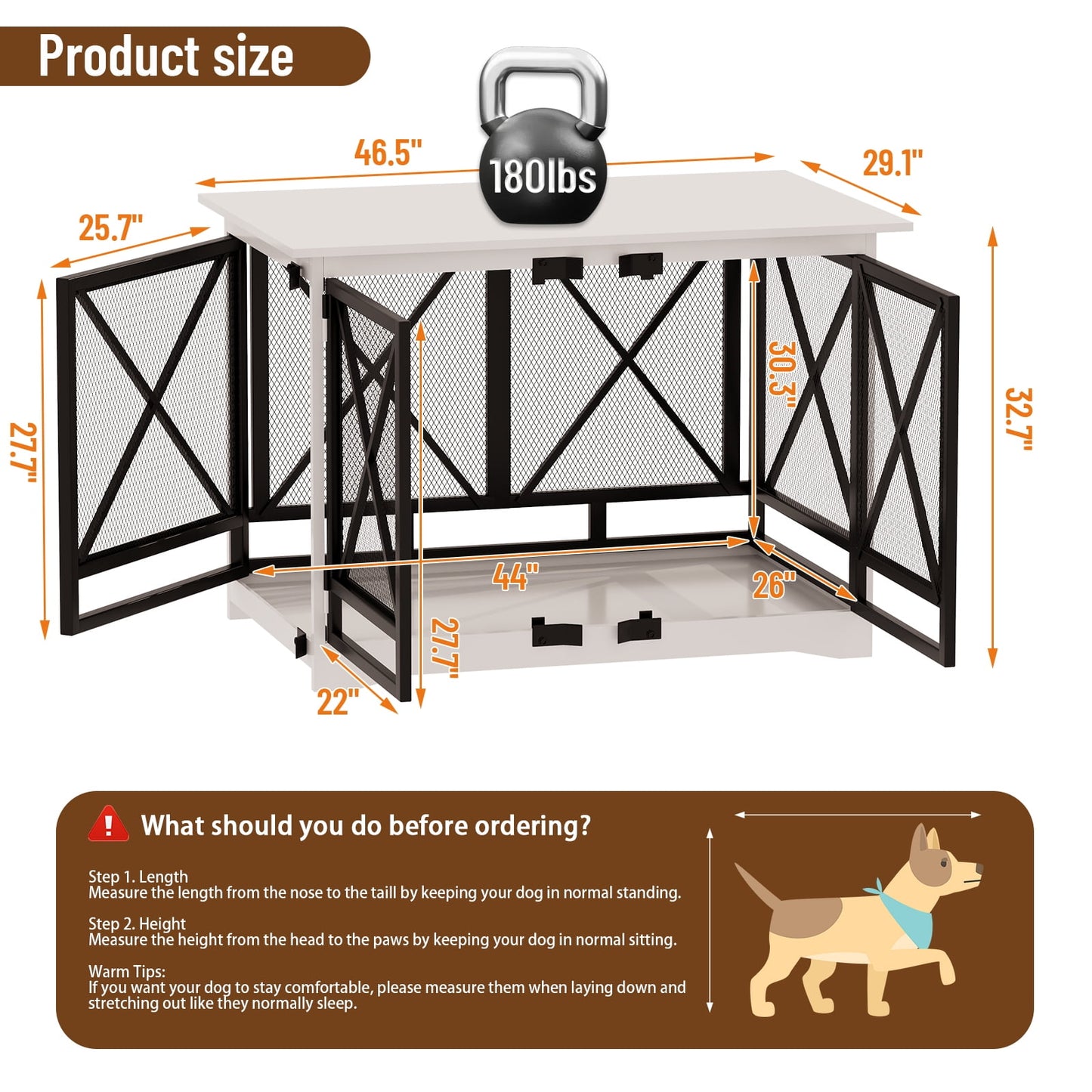 48 inch Extra Large Dog Crate Furniture,Double Door Indoor Kennel,End Side Table Wooden Dog Crates,Anti-Chew Anti-Escape, White